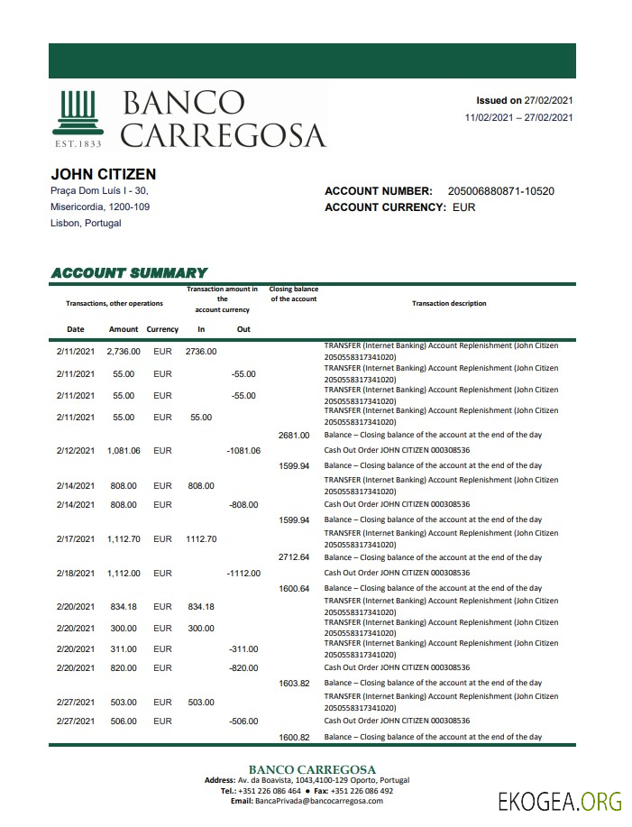 Portugal Banco Carregosa excel pdf